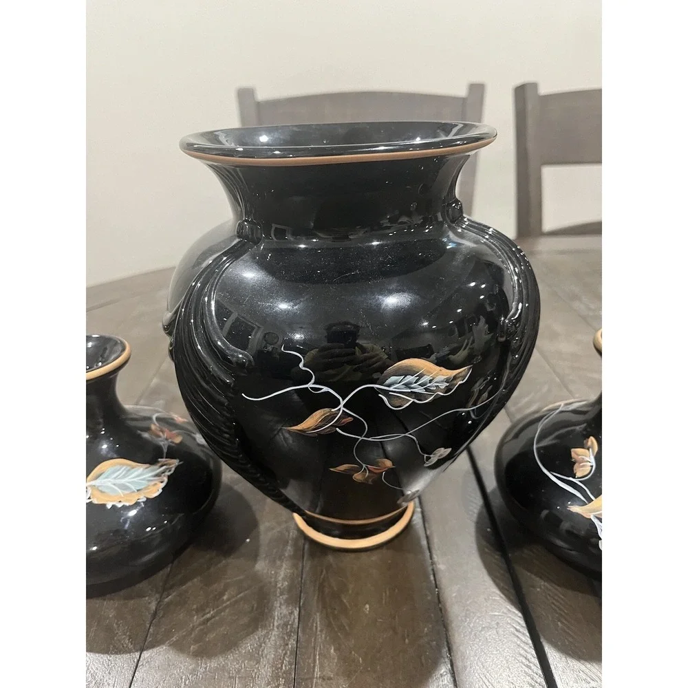 Fenton Autumn On Black Vase‎ Candle Holders Set Console Fall Leaves Hand Painted